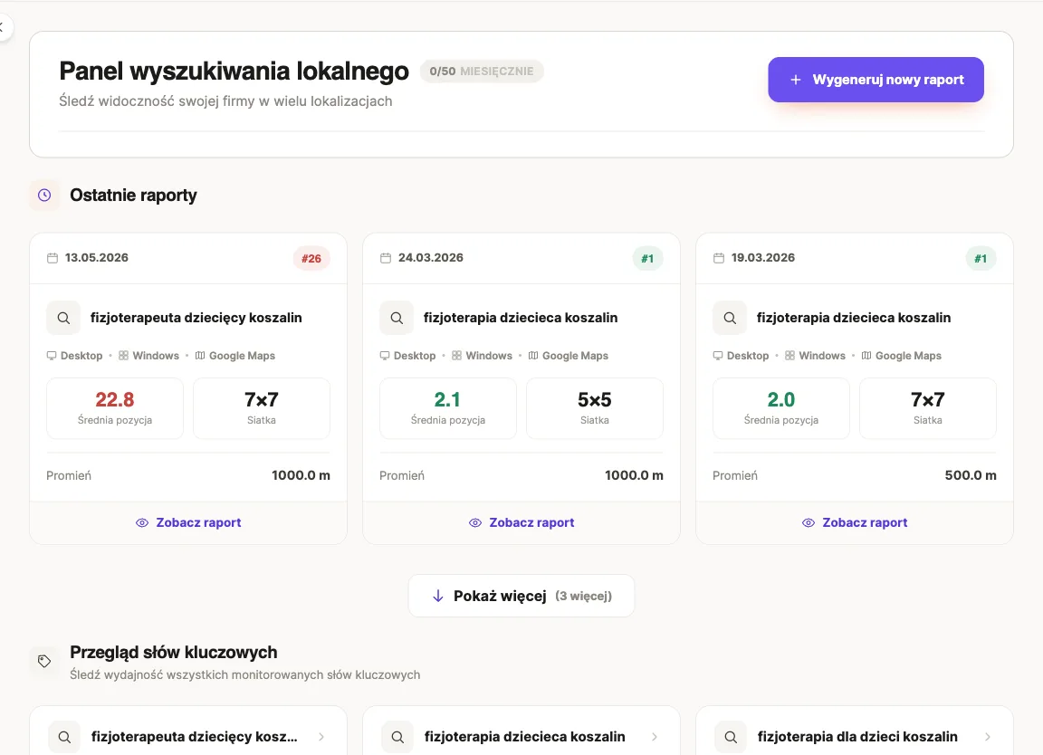 Panel wyszukiwania lokalnego: raporty pozycji z siatką punktów i średnią pozycją w Mapach Google
