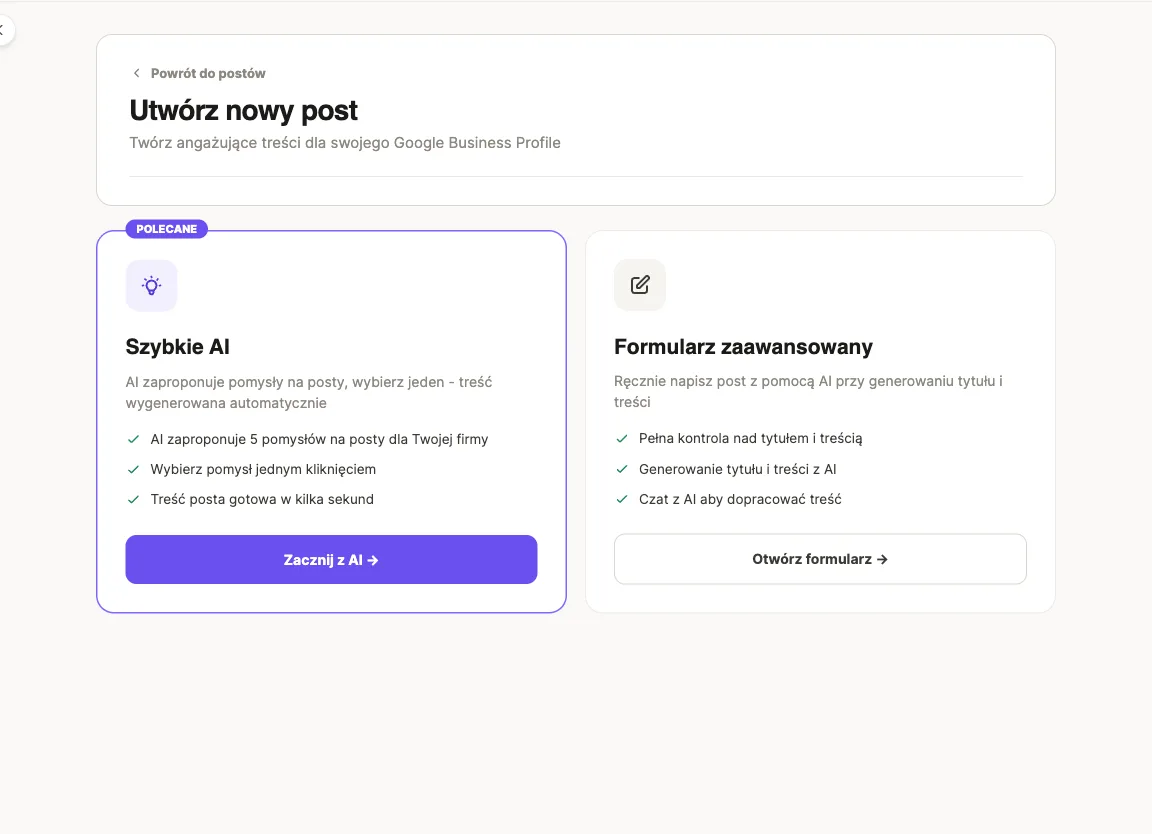 Tworzenie nowego posta na wizytówkę: tryb Szybkie AI proponuje pomysły i generuje treść automatycznie