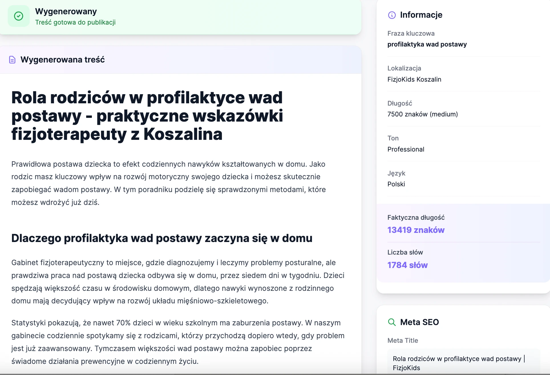 Treść wygenerowana pod frazę lokalną z podglądem meta danych w aplikacji LokalnyTOP