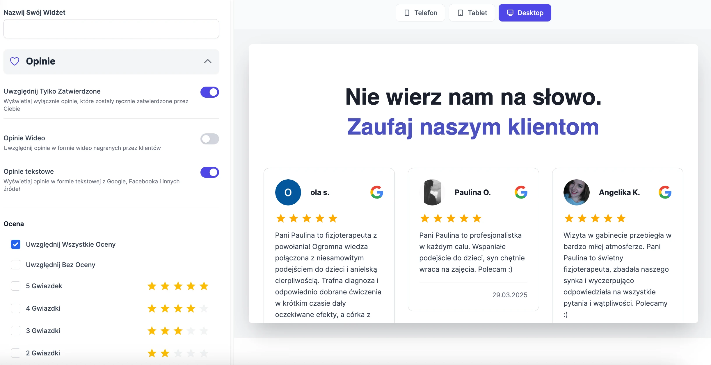 Kreator widżetu opinii z podglądem recenzji Google osadzonych na stronie firmy